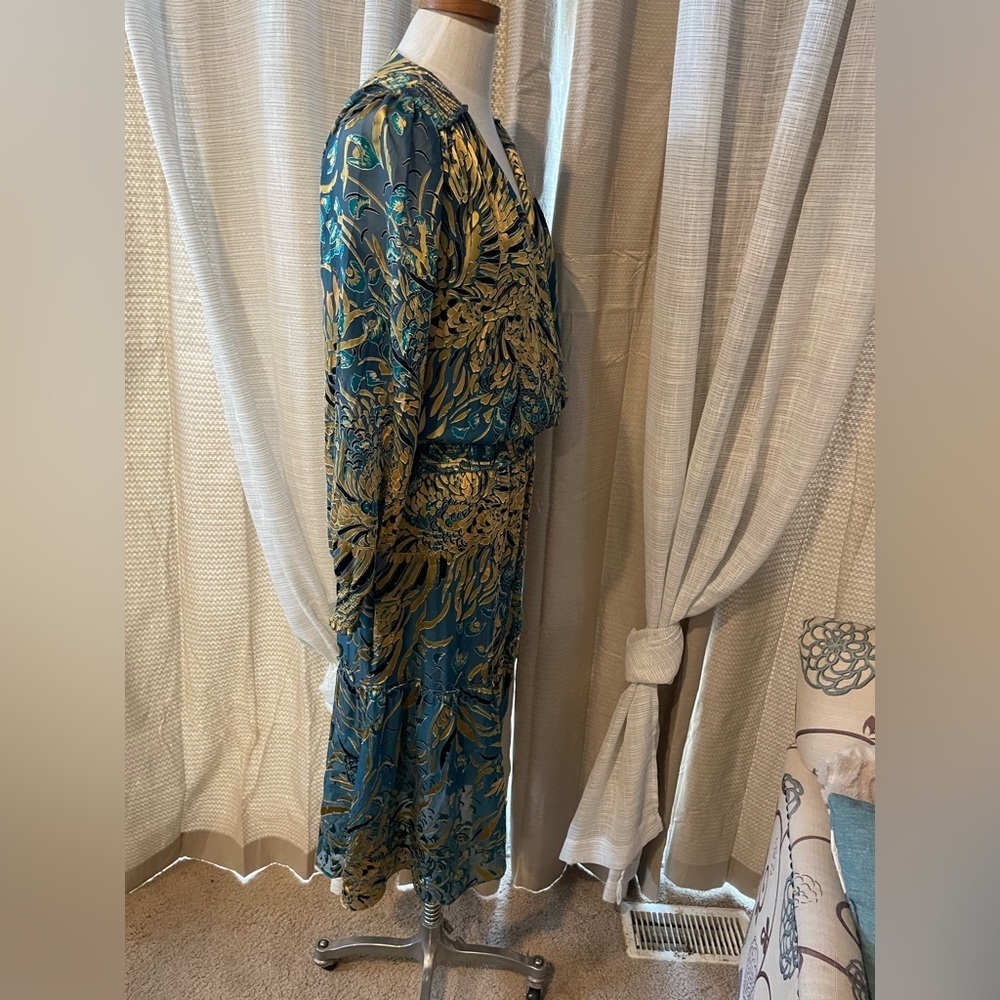 White House Black Market burnout smocked dress Teal and Gold Long Sleeve Dress - Picture 13 of 15